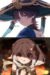  1boy 1girl 22_rink armlet armpit_crease asymmetrical_bangs black_bodysuit black_eyes black_hair blue_cape blue_eyes blue_hat blue_jingasa blunt_ends bodysuit bracelet braid bright_pupils cape choppy_bangs closed_mouth colored_tips commentary_request crying crying_with_eyes_open detached_sleeves dress empty_eyes eyeliner gem genshin_impact gold gold_armlet gold_bracelet green_gem green_hair green_sleeves hair_ornament half_crown_braid hand_on_own_chest hand_up hat highres japanese_clothes jewelry jingasa kimono leaf leaf_hair_ornament light_smile long_hair looking_at_viewer looking_back makeup multicolored_hair nahida_(genshin_impact) open_mouth pointy_ears red_eyeliner scaramouche_(genshin_impact) side_cape side_ponytail sidelocks speech_bubble tears translation_request tsurime turtleneck turtleneck_bodysuit wanderer_(genshin_impact) white_dress white_hair white_kimono white_pupils white_trim 