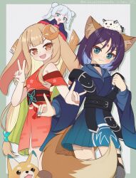  3girls animal_collar animal_ear_fluff animal_ears animal_on_head belt black_belt black_collar blue_eyes blue_hoodie blue_kimono blue_nails blue_skirt blue_sleeves blunt_bangs blush blush_stickers border brown_sash cho_kaguya-hime! closed_mouth cloud_print collar commentary_request cowboy_shot crescent crescent_hair_ornament dog double-parted_bangs double_bun egasumi fang fishnet_thighhighs fishnets floral_print forehead_jewel fox_ears fox_girl fox_shadow_puppet fox_tail fushi_(cho_kaguya-hime!) gradient_sleeves green_border green_eyes grin hair_bun hair_ornament highres hood hoodie inudoge japanese_clothes kaguya_(cho_kaguya-hime!) kemonomimi_mode kimono long_hair long_sleeves low-tied_long_hair mini_person mini_person_on_head minigirl multiple_belts multiple_girls nikaon obi on_head open_mouth parted_bangs pink_nails pleated_skirt purple_hair purple_sleeves rabbit_ears rabbit_girl red_eyes red_kimono runami_yachiyo sakayori_iroha sash sea_slug short_hair short_sleeves shoulder_belt signature simple_background skin_fang skirt smile split_mouth tail teeth thigh-highs thigh_strap twitter_username upper_teeth_only v v-shaped_eyebrows very_long_hair white_background white_hair wide_sleeves 