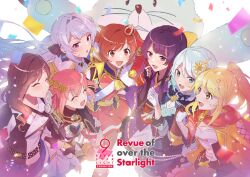  6+girls :d :o ^_^ aiguillette aijo_karen andrew_(revue_starlight) aqua_eyes aqua_hair aqua_trim armor artist_request badge belt belt_buckle black_belt black_capelet black_gloves black_jacket black_ribbon blonde_hair bloom blue_dress blue_jacket blue_skirt blue_trim blunt_bangs boots brooch brown_belt brown_eyes brown_gloves brown_hair buckle capelet closed_eyes closed_mouth collared_jacket collared_shirt commentary_request confetti copyright_logo copyright_name cross cross-laced_clothes cross-laced_sleeves crossed_bangs crossed_belts crown dress epaulettes facing_ahead feet_out_of_frame fingerless_gloves floating_hair foot_out_of_frame fur-trimmed_jacket fur_trim gear_hair_ornament gloves grabbing_another's_arm grey_hair hair_between_eyes hair_intakes hair_ornament hair_over_shoulder hand_on_own_cheek hand_on_own_face hand_up hands_up high_ponytail holding_hands interlocked_fingers jacket jacket_on_shoulders japanese_clothes jewelry kimono lapels leaning_forward light_blush lineup logo long_hair long_sidelocks long_sleeves looking_ahead looking_to_the_side medium_hair mini_crown mole_(animal) multicolored_jacket multiple_girls mystical_high_collar neck_ribbon necklace nishino_elle o-ring o-ring_belt official_art open_clothes open_jacket open_mouth otsuki_aruru parted_bangs parted_lips pauldrons pearl_belt pearl_necklace pink_hair ponytail purple_hair purple_kimono red_jacket red_ribbon red_scarf red_skirt ribbon ribbon-trimmed_kimono ribbon_trim sash scarf shirt short_hair shoujo_kageki_revue_starlight shoujo_kageki_revue_starlight_-re_live- shoulder_armor shoulder_sash sidelocks simple_background single_horizontal_stripe single_pauldron skirt smile sparkle spike_(stagecraft) star_(symbol) star_brooch star_hair_ornament striped_clothes striped_skirt takachiho_stella tassel three-quarter_sleeves tilted_headwear tomoe_tamao two-sided_fabric two-sided_jacket two_side_up very_long_hair violet_eyes wavy_hair white_background white_gloves white_jacket white_sash white_shirt yanagi_koharu yellow_belt yellow_eyes yellow_jacket yellow_skirt yukishiro_akira 
