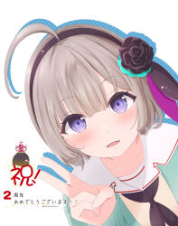  1girl :d absurdres ahoge anniversary aqua_cardigan black_flower black_hairband black_neckerchief black_ribbon black_rose blunt_bangs blush cardigan commentary_request drop_shadow dutch_angle eyelashes eyes_visible_through_hair flower grey_hair hair_between_eyes hair_flower hair_ornament hair_ribbon hairband hand_up heaven_burns_red highres looking_at_viewer minase_sumomo mochinemono narby_(heaven_burns_red) neckerchief open_mouth purple_ribbon ribbon rose sailor_collar short_hair simple_background sleeves_past_wrists slime_(creature) smile solo sparkle tareme twitter_username upper_body v violet_eyes white_background white_sailor_collar 