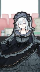  1girl blue_hairband bow chinese_commentary closed_mouth commentary_request dress frilled_dress frills gothic_lolita hair_over_one_eye hairband highres kori_morri lolita_fashion lolita_hairband long_hair long_sleeves mahou_shoujo_no_majo_saiban making-of_available natsume_an-an one_side_up polka_dot polka_dot_bow solo spray_can stuffed_animal stuffed_toy tears teddy_bear very_long_hair violet_eyes white_hair 