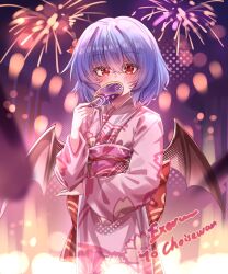  1girl aerial_fireworks alternate_costume back_bow bat_wings blue_hair blush bow chinese_commentary commentary_request fireworks floral_print floral_print_kimono hand_fan highres holding holding_fan japanese_clothes kimono long_sleeves looking_at_viewer medium_hair missing_headwear obi obijime pink_kimono pink_sash print_kimono red_bow red_eyes remilia_scarlet sash solo top-exerou touhou wide_sleeves wings yukata 