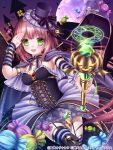  1girl :d brown_hair candy cape green_eyes halloween hat holding looking_at_viewer mini_top_hat official_art open_mouth original seiten_ragnarok shitou short_hair smile solo top_hat wand 