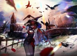  1girl alternate_costume architecture arm_up bead_bracelet beads bird black_dress black_hat bone_hair_ornament bracelet bridge broken_heart broken_heart_hair_ornament brown_hair building commentary cowboy_shot crow day dress evil_neuro-sama eye_trail eyepatch fence flower gothic_architecture hair_ornament hat heart heart_hair_ornament jewelry kamijoemom light_trail long_hair open_mouth outdoors red_eyes red_flower red_rose rose short_sleeves snow solo standing thorns vedal_ai virtual_youtuber witch_hat 