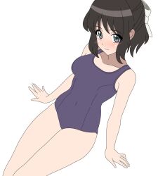  1girl black_hair blue_one-piece_swimsuit blush bob_cut bow breasts closed_mouth commentary_request covered_groin covered_navel cowboy_shot embarrassed green_eyes hair_between_eyes hair_bow highres kohinata_miku looking_at_viewer new_school_swimsuit okt_sparky one-piece_swimsuit school_swimsuit senki_zesshou_symphogear short_hair simple_background small_breasts solo swimsuit upper_body white_background white_bow wispy_bangs 