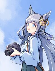  1girl :d absurdres animal_ears blue_eyes blue_shirt blue_sky blunt_bangs camera casual chrono_genesis_(casual)_(umamusume) chrono_genesis_(umamusume) commentary ear_ornament from_side grey_hair grey_skirt highres holding holding_camera horse_ears horse_girl hotatebe long_sleeves looking_up open_mouth shirt skirt sky smile solo strap umamusume untranslatable_commentary upper_body 
