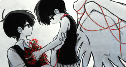  2boys angel_wings antenna_hair black_eyes black_hair black_sweater_vest black_tank_top closed_mouth collared_shirt colored_skin commentary dual_persona etursaemajoris highres looking_at_another male_focus multiple_boys omori omori_(omori) shirt short_hair shorts striped_clothes striped_shorts sunny_(omori) sweater_vest tank_top vertical-striped_clothes vertical-striped_shorts white_shirt white_shorts white_skin wings 