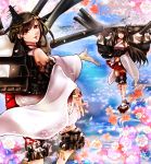  2girls cherry_blossoms fusou_(kantai_collection) hair_ornament kantai_collection looking_at_viewer mountain multiple_girls nontraditional_miko open_mouth red_eyes smile yamashiro_(kantai_collection) yurichikao 