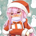  1girl alternate_costume blush box bust capelet embarrassed gift gift_box hat hata_no_kokoro highres indo_(mdtanaka2007) looking_to_the_side object_hug pink_eyes pink_hair santa_costume santa_hat scarf scarf_over_mouth touhou 
