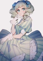  1girl aikatsu! aikatsu!_(series) blonde_hair blue_ribbon blunt_bangs chiigo commentary_request dress drill_hair gloves green_dress hair_ribbon hand_up highres long_hair looking_at_viewer puffy_short_sleeves puffy_sleeves ribbon short_sleeves solo striped_clothes striped_dress todo_yurika twin_drills twintails vertical-striped_clothes vertical-striped_dress white_background white_gloves 