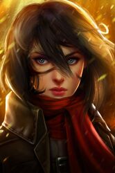  1girl bangs black_hair black_jacket blue_eyes face hair_between_eyes jacket klsteeleart light_particles lips lipstick looking_at_viewer makeup mascara mikasa_ackerman portrait realistic red_scarf scarf shingeki_no_kyojin short_hair solo wind wing_collar 