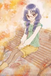  1girl aizen_(syoshiyuki) bench boots braid commentary_request glasses go!_princess_precure green_shirt highres long_hair long_sleeves looking_at_viewer nanase_yui on_bench one-hour_drawing_challenge outdoors pantyhose park_bench precure purple_hair red_eyes shirt shorts smile solo twin_braids wooden_bench 