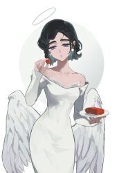  1girl absurdres alien_stage angel angel_wings anzu_silver bare_shoulders black_hair bra commentary cowboy_shot dress earrings food half-closed_eyes halo highres holding holding_plate jewelry low_wings off-shoulder_dress off_shoulder official_alternate_costume plate short_hair solo strapless strapless_bra sua_(alien_stage) underwear violet_eyes white_background white_dress white_wings wings 