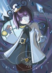  1girl absurdres belt belt_buckle black_pantyhose blue_gloves blunt_bangs bob_cut buckle chandelure closed_mouth coat commentary_request cowboy_shot dated dress eyelashes gloves gwynn_(pokemon) hat head_tilt highres holding holding_poke_ball long_sleeves looking_at_viewer o-ring o-ring_belt open_clothes open_coat pantyhose partially_fingerless_gloves poke_ball poke_ball_(basic) pokemon pokemon_(creature) pokemon_legends:_z-a purple_hair short_hair so_(pren8847) solo violet_eyes white_coat white_dress 