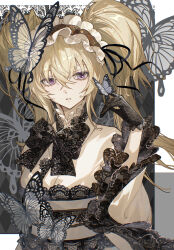  1girl absurdres black_bow black_bowtie black_gloves black_ribbon blonde_hair bow bowtie bug butterfly butterfly_on_hand chinese_commentary commentary_request crossed_bangs frilled_hairband frills gloves gothic_lolita hair_between_eyes hairband highres hoshina_utau japanese_clothes kimono kotatsu_kaya lace lace-trimmed_sash lace-trimmed_sleeves lace_bowtie lace_gloves lace_trim lolita_fashion lolita_hairband long_hair parted_lips ribbon sash shugo_chara! solo twintails upper_body violet_eyes wa_lolita wide_sleeves 
