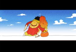 1boy 1girl arm_around_another's_waist arm_around_shoulder black_hair blue_sky clouds cloudy_sky commentary from_behind hand_on_another's_waist hat hat_on_back heads_together heart highres monkey_d._luffy nami_(one_piece) official_alternate_costume one_piece orange_hair orange_overalls outdoors overalls red_shirt sandals shampowrado shirt shorts sitting sky straw_hat sweater untranslatable_commentary wavy_hair yellow_shorts yellow_sweater 