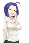  1girl ^_^ ahoge blue_hair breasts cleavage cleavage_cutout closed_eyes idolmaster large_breasts laughing miura_azusa nagian open-chest_sweater open_mouth short_hair solo sweater turtleneck 