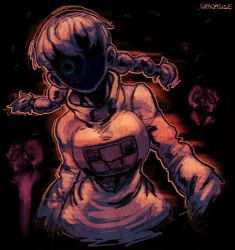  1girl artist_name braid breasts brown_hair choppy_bangs cropped_torso dark_background english_commentary face_in_shadow long_hair long_sleeves madotsuki medium_breasts narrow_waist one-eyed pink_sweater solo spicyfuse sweater turtleneck turtleneck_sweater twin_braids yume_nikki 