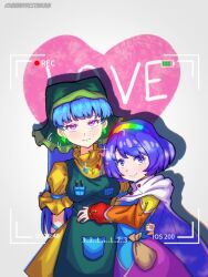  2girls apron arm_around_another's_waist arm_ribbon artist_name bag battery_indicator blue_hair blue_ribbon blush breasts brown_bag cape closed_mouth cloud_print commentary_request cowboy_shot dot_nose dress earrings english_text flying_sweatdrops green_apron green_headscarf green_nails hairband haniyasushin_keiki headscarf heart highres hug jewelry long_hair long_sleeves looking_at_viewer magatama magatama_necklace medium_breasts multicolored_dress multicolored_hairband multicolored_nails multiple_girls nail_polish necklace object_in_pocket patchwork_clothes pink_eyes pocket puffy_short_sleeves puffy_sleeves purple_hair rainbow_gradient rainbow_hairband recording ribbon ring short_hair short_sleeves simple_background single_strap sky_print sleepymoon sleeve_ribbon smile split_mouth standing sweatdrop tenkyuu_chimata timestamp touhou twitter_username two-sided_cape two-sided_fabric very_long_hair viewfinder violet_eyes white_background white_cape wood_carving_tool yellow_dress yuri 