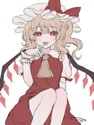  1girl :d ascot blonde_hair blush bow collared_shirt commentary_request crystal crystal_wings fang flandre_scarlet frilled_shirt_collar frilled_wrist_cuffs frills furawast hat hat_bow highres long_hair looking_at_viewer mob_cap one_side_up puffy_short_sleeves puffy_sleeves red_bow red_eyes red_skirt red_vest shirt short_sleeves sitting skirt skirt_set smile solo touhou vest white_hat white_shirt wings wrist_cuffs yellow_ascot 