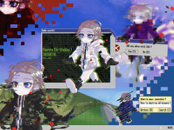  5boys alternate_color alternate_eye_color aotsuki_eito black_gloves black_jacket black_shoes blue_jacket blue_pants blush censored commentary_request dated deformed desktop_(computing) error_message glasses glitch gloves grey_hair happy_birthday heterochromia highres jacket male_focus mosaic_censoring multiple_boys multiple_persona pants purple_jacket red_eyes scribble_censor shoes short_hair smile spoilers the_hundred_line_-last_defense_academy- twitter_username vi_sick violet_eyes weirdcore white_jacket white_pants window_(computing) 