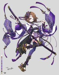  1girl black_boots black_bridal_gauntlets black_leotard blush boots bridal_gauntlets brown_eyes brown_hair butterfly_hair_ornament clothing_cutout color_guide commission covered_navel detached_sleeves fingernails flat_chest floating grey_background hair_ornament hair_ribbon hands_up highres hip_vent holding holding_sword holding_weapon huge_weapon japanese_clothes katana kimono leotard original platform_sandals pleated_skirt purple_kimono purple_ribbon purple_skirt purple_thighhighs ribbon sakuma_gin_maru_sakuma sandals see-through_clothes see-through_leotard sheath sheathed short_hair signature skeb_commission skirt smile solo standing standing_on_one_leg sword thigh-highs toeless_legwear weapon white_kimono wide_sleeves 