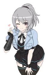  1girl ;) assault_lily belt belt_buckle black_belt black_dress black_gloves black_ribbon black_thighhighs blue_jacket blush breast_pocket breasts buckle closed_mouth collared_shirt cowboy_shot crop_top dress finger_heart fingerless_gloves garter_straps gloves grey_hair hair_belt hand_on_own_thigh hand_up hata_matsuri heart high_ponytail highres jacket jewelry kimassi large_breasts leaning_forward looking_at_viewer neck_ribbon official_alternate_costume official_alternate_hairstyle one_eye_closed pleated_dress pocket ponytail ribbon ring shirt short_hair simple_background single_fingerless_glove single_glove single_vambrace smile solo thigh-highs vambraces violet_eyes white_background white_shirt zettai_ryouiki 
