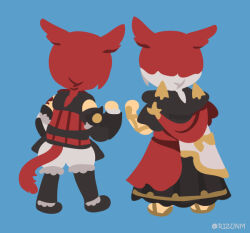  2boys animal_ears artist_name black_hood black_robe black_shoes blue_background cat_boy cat_ears cat_tail clenched_hand commentary_request crystal_exarch final_fantasy final_fantasy_xiv from_behind g'raha_tia hood hood_down male_focus miqo'te multicolored_hair multiple_boys red_hair red_shirt rizu_(rizunm) robe sandals shirt shoes short_hair short_sleeves shorts simple_background sleeveless sleeveless_shirt standing streaked_hair tail white_shorts white_streaks 