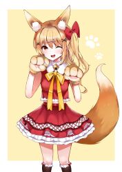  1girl :d ;d absurdres animal_ears animal_hands bell black_socks blonde_hair blush bow bowtie commentary english_commentary fang flandre_scarlet fox_ears fox_tail gloves hair_bow hair_ornament highres jingle_bell kemonomimi_mode kneehighs long_hair looking_at_viewer missing_wings neck_bell one_eye_closed one_side_up open_mouth paw_gloves red_bow red_eyes red_skirt red_vest satori_(kxdm8872) shirt skirt smile socks solo tail touhou vest white_shirt x_hair_ornament yellow_bow yellow_bowtie 
