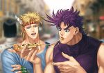  2boys astkcrts blonde_hair blue_eyes caesar_anthonio_zeppeli eating facial_mark feathers fingerless_gloves food gloves green_eyes hair_feathers headband jojo_no_kimyou_na_bouken joseph_joestar_(young) multiple_boys pizza purple_hair 