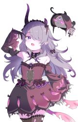  1girl absurdres bare_shoulders black_gloves black_thighhighs cafelittle chest_jewel commentary cowboy_shot detached_collar detached_sleeves dress fake_horns fire flat_chest gloves glowing glowing_eyes grey_hair hair_over_one_eye halter_dress halterneck highres hololive hololive_english horns koseki_bijou koseki_bijou_(gore_magala) lantern long_hair long_sleeves looking_at_viewer open_mouth pebble_(koseki_bijou) purple_fire solo thigh-highs torn_clothes torn_dress torn_sleeves variant_set violet_eyes virtual_youtuber 