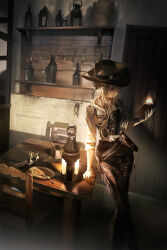  1girl absurdres bandolier belt blonde_hair book chair commentary_request cowboy_hat door hat highres holding holding_book indoors junpaku_karen lantern long_hair original solo table wooden_table 