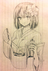  1girl closed_mouth commentary_request flower furawast hair_flower hair_ornament hieda_no_akyuu highres holding holding_scroll japanese_clothes kimono layered_kimono long_sleeves looking_at_viewer scroll short_hair smile solo touhou traditional_media wide_sleeves 