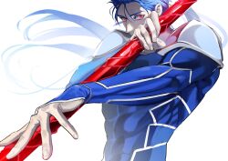  1boy absurdres armor blue_hair bodysuit commentary_request cu_chulainn_(fate) cu_chulainn_(fate/stay_night) cu_chulainn_(lancer)_(fate) fate/stay_night fate_(series) highres holding holding_polearm holding_weapon korean_commentary long_hair looking_at_viewer male_focus polearm ponytail red_eyes simple_background solo upper_body weapon white_background xom3thing 