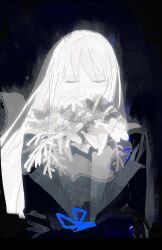  1girl absurdres angelica_(project_moon) black_background black_gloves black_vest blue_ribbon bouquet closed_eyes crossed_arms flower gloves greyscale hair_between_eyes hand_on_own_arm highres holding hugging_object jacket jiaomabushimayouzhongdazuiba library_of_ruina long_hair monochrome musical_note project_moon ribbon see-through_clothes see-through_veil shirt solo solo_focus spot_color sweater turtleneck turtleneck_sweater upper_body veil vest white_hair 