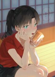  1girl artist_name black_hair black_skirt blush collared_shirt commentary commentary_request cup elbows_on_knees fate/stay_night fate_(series) green_eyes highres holding holding_cup long_hair looking_at_viewer open_collar open_mouth ponytail red_shirt shirt shouji sitting skirt sliding_doors solo sunlight sweat tohsaka_rin translation_request veranda xxxxay 