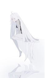  1girl ahoge bare_legs black_vest blue_eyes closed_mouth commentary_request expressionless faust_(project_moon) grey_sweater highres limbus_company long_hair looking_at_viewer mangsug12_40 project_moon simple_background solo sweater very_long_hair vest white_background white_hair 