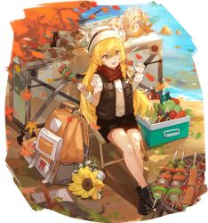  1girl alternate_costume alternate_headwear apple artist_request autumn autumn_leaves backpack bag black_boots black_shorts black_vest blonde_hair boots carrot chair contemporary cooking cooler eating falling_leaves flower flower_request food food_request fruit full_body game_asset grill grilling hat kirisame_marisa leaf long_hair maple_leaf meat mushroom non-web_source official_art on_chair open_clothes open_mouth open_vest orange_bag outdoors self-datamine shirt short_sleeves shorts simple_background sitting skewer smile solo stream sunflower touhou touhou_arcadia_record transparent_background very_long_hair vest white_flower white_hat white_shirt yellow_eyes yellow_flower 