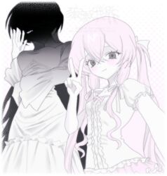  2others a-chan_(meidodown) black_hair blush bow breasts closed_mouth colored_skin dot_nose dress frilled_dress frilled_skirt frilled_sleeves frills grey_eyes long_hair long_sleeves medium_breasts meidodown multiple_others original other_focus pink_background pink_bow pink_eyes pink_hair pink_skirt polka_dot polka_dot_background puffy_sleeves s-san_(meidodown) short_sleeves skirt small_breasts twintails v white_dress white_skin 