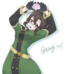  1girl :d absurdres arms_up artist_name asada_shino_(sao-os) asagi501 augma belt black-framed_eyewear black_gloves black_jacket breasts brown_eyes brown_hair collared_jacket commentary_request double-parted_bangs drop_shadow four-finger_heart_hands glasses gloves green_jacket hair_between_eyes hair_ribbon heart heart_hands high_collar highres impossible_clothes impossible_jacket jacket light_blush long_sleeves looking_at_viewer medium_breasts medium_hair multicolored_jacket open_mouth ordinal_scale_uniform_(sao) ribbon rimless_eyewear round_eyewear simple_background smile solo sword_art_online sword_art_online_the_movie:_ordinal_scale twitter_username two-tone_jacket upper_body watermark white_background white_ribbon yellow_belt yellow_trim 