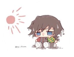  1boy black_hair black_jacket black_pants blue_eyes buttons chibi chibi_only closed_mouth commentary_request demon_slayer_uniform empty_eyes gold_buttons haori jacket japanese_clothes kikkoumon kimetsu_no_yaiba long_hair low_ponytail male_focus pants ponytail print_haori red_haori simple_background sitting solo spiky_hair sun sweat tomioka_giyuu twitter_username wet white_background xyz_shirota 