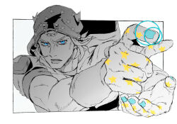  1boy aiming blue_eyes blue_nails foreshortening greyscale hat highres horse_print horseshoe_hat_ornament horseshoe_ornament johnny_joestar jojo_no_kimyou_na_bouken komiya_harumoto looking_at_viewer male_focus monochrome parted_lips solo spot_color star_(symbol) star_print steel_ball_run tusk_(stand) upper_body v-shaped_eyebrows 