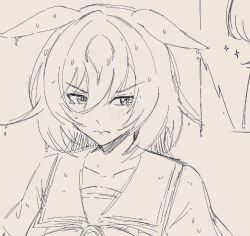  1girl angry animal_ears blush collarbone commentary dripping ears_down embarrassed english_commentary haiirosanrkgk hatching_(texture) horse_ears horse_girl linear_hatching lineart long_hair looking_to_the_side multicolored_hair pout school_uniform simple_background sirius_symboli_(umamusume) solo solo_focus streaked_hair tearing_up tears tracen_school_uniform umamusume very_long_hair wet wet_clothes wet_hair white_background 