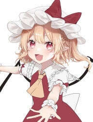  1girl :d ascot back_bow blonde_hair bow collared_shirt commentary_request crystal crystal_wings fang flandre_scarlet frilled_shirt_collar frilled_wrist_cuffs frills furawast hat hat_bow highres long_hair looking_at_viewer mob_cap multicolored_wings one_side_up open_mouth pointy_ears puffy_short_sleeves puffy_sleeves red_bow red_eyes red_skirt red_vest shirt short_sleeves simple_background skin_fang skirt skirt_set sleeve_bow smile solo touhou vest white_background white_hat white_shirt white_wrist_cuffs wings wrist_cuffs yellow_ascot 