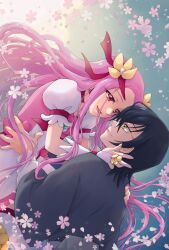  1boy 1girl aizen_(syoshiyuki) black_hair bridal_gauntlets cherry_blossoms commentary_request coupe_(precure) cure_flower eye_contact flower glasses green_eyes hanasaki_kaoruko heartcatch_precure! hetero highres lifting_person long_hair looking_at_another magical_girl petals pink_eyes pink_hair precure puffy_short_sleeves puffy_sleeves short_hair short_sleeves smile torso_grab very_long_hair 
