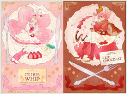 2girls animal_ears boots border character_name closed_eyes commentary cure_chocolat cure_whip dog_ears dress food-themed_clothes food-themed_hair_ornament fork full_body hair_ornament hairband hat juliet_sleeves kenjou_akira kirakira_precure_a_la_mode knee_boots knife long_hair long_sleeves lying magical_girl multiple_girls nene_(oneoneo13) on_plate paw_shoes pink_hair precure puffy_sleeves rabbit_ears red_hair short_hair shorts shorts_under_skirt smile split_theme thigh-highs usami_ichika vertical-striped_sleeves very_long_hair white_border white_dress white_thighhighs 