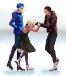  1girl 2boys archer beanie casual coat dress fate/stay_night fate_(series) hat height_difference highres ice_skates ice_skating lancer multiple_boys saber skates skating toridori_(csunhong1) winter_clothes 