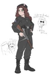  1girl absurdres anica_domazet belt beret black_belt black_boots black_hat black_jacket black_pants boots breast_pocket brown_hair cheek_pinching cigarette_in_mouth clenched_teeth croatian_defence_forces cross cross_necklace explosive fluffkaiser green_eyes grenade grin gun handgun hat highres holding holding_gun holding_weapon jacket jewelry long_hair military_jacket necklace original pants php_pistol pinching pocket rifle scar scar_across_eye scar_on_face serious sketch_inset smile teeth they_live thompson_(band) thompson_rifle waist_belt weapon white_background yugoslav_wars zarya_petrovic 