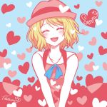  1girl :d bangs blonde_hair blue_background blue_ribbon blush character_name closed_eyes eyebrows_visible_through_hair facing_viewer hair_between_eyes hatsuru_826 heart heart_background neck_ribbon open_mouth pokemon pokemon_(anime) pokemon_xy_(anime) ribbon sailor_collar serena_(pokemon) short_hair smile solo swept_bangs white_sailor_collar 