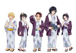  2girls 3boys :d arm_at_side black_hair blonde_hair blue_eyes bright_pupils butterfly_hair_ornament closed_eyes closed_mouth commentary_request floral_print floral_print_kimono folding_fan full_body geta green_sash grey_kimono hair_ornament hand_fan hand_on_own_head hand_towel haori heel_up highres holding holding_fan japanese_clothes kamado_tanjirou kimetsu_no_yaiba kimono kishimen_hair kochou_shinobu long_hair looking_at_viewer multicolored_hair multiple_boys multiple_girls no_pupils official_alternate_costume official_art open_mouth paper_fan parted_bangs print_kimono purple_sash purple_streaks red_eyes red_hair sash short_hair side_ponytail sidelocks simple_background smile standing streaked_hair teeth toes tomioka_giyuu towel tsuyuri_kanao uchiwa upper_teeth_only violet_eyes white_background wisteria_print yellow_sash 